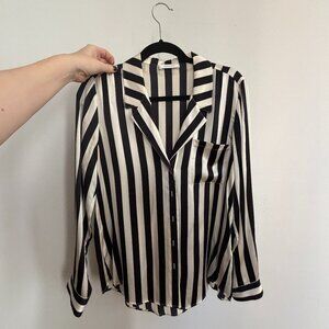 ANINE BING Lynette striped silk-blend satin-twill shirt, Size M, Black & White